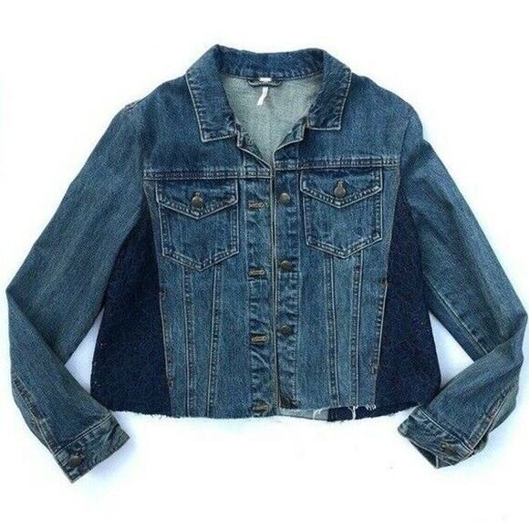 FREE PEOPLE NWT Floral Lace & Dark Denim Jean Jacket – Size XS - Picture 3 of 13